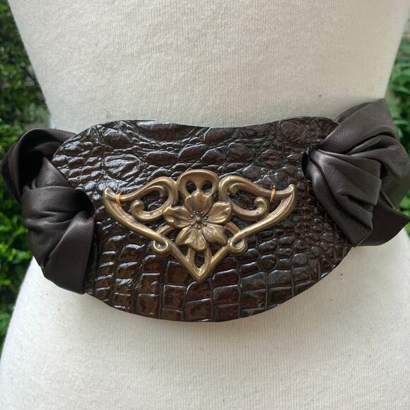 Handmade Leather Belt OOAK Tie Wrap 38” Dark Brown Croc Floral Boho Hippie - Picture 1 of 9